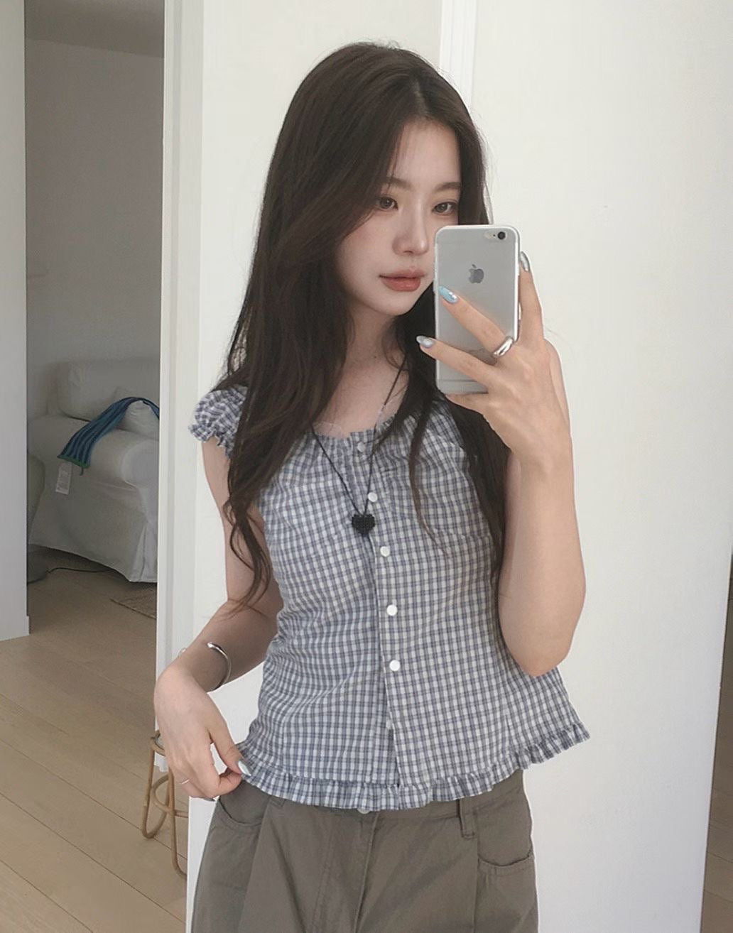 格紋荷葉邊襯衫