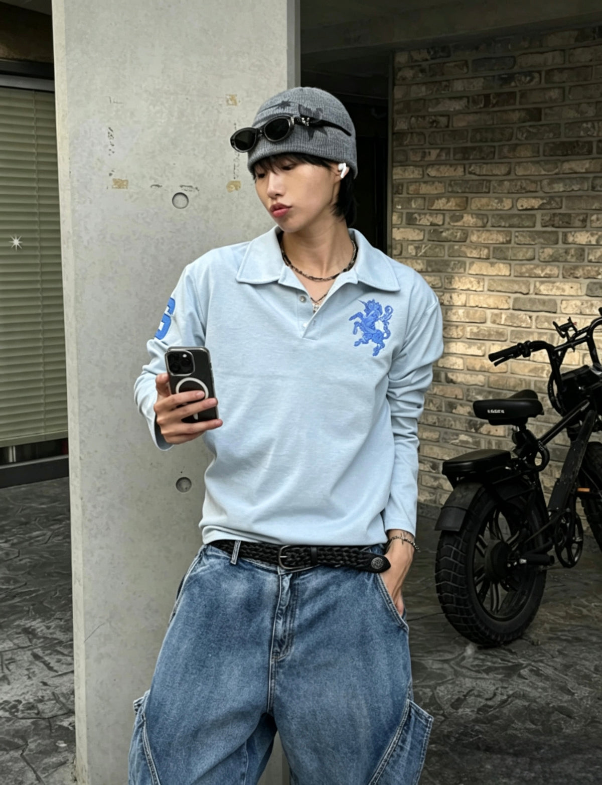 Embroidered Long Sleeve Polo Top