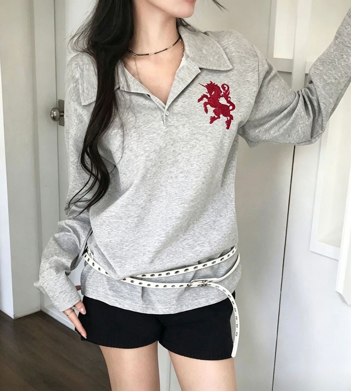 Embroidered Long Sleeve Polo Top