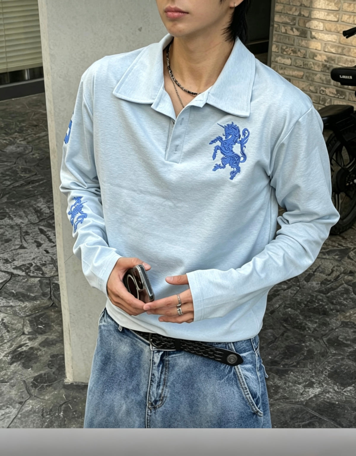 Embroidered Long Sleeve Polo Top