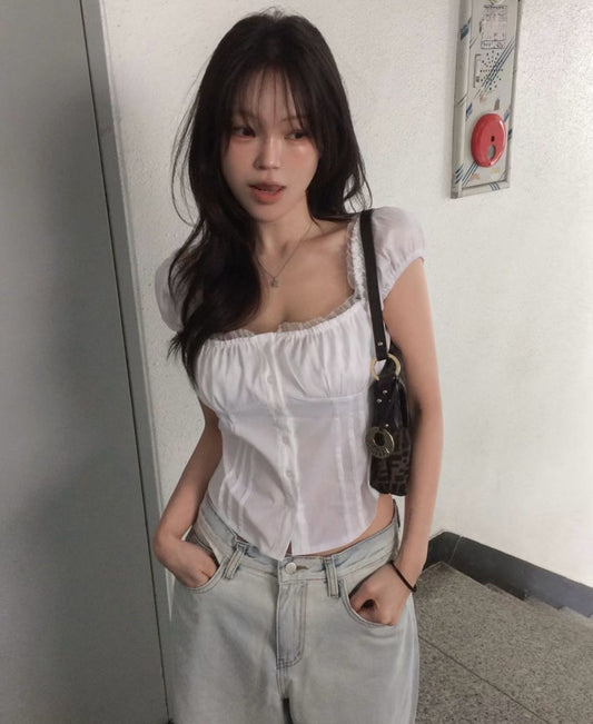 Square Neck Ruffle Puff Sleeve Top