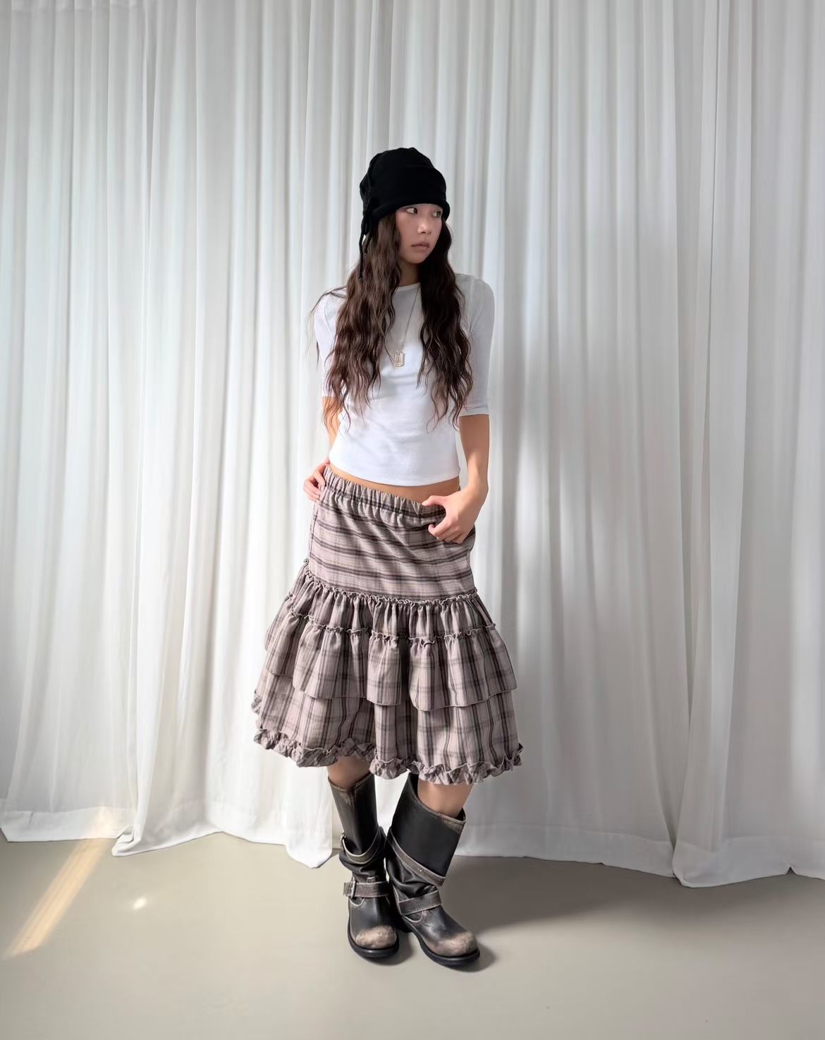 Plaid Puff Ruffle Skirt