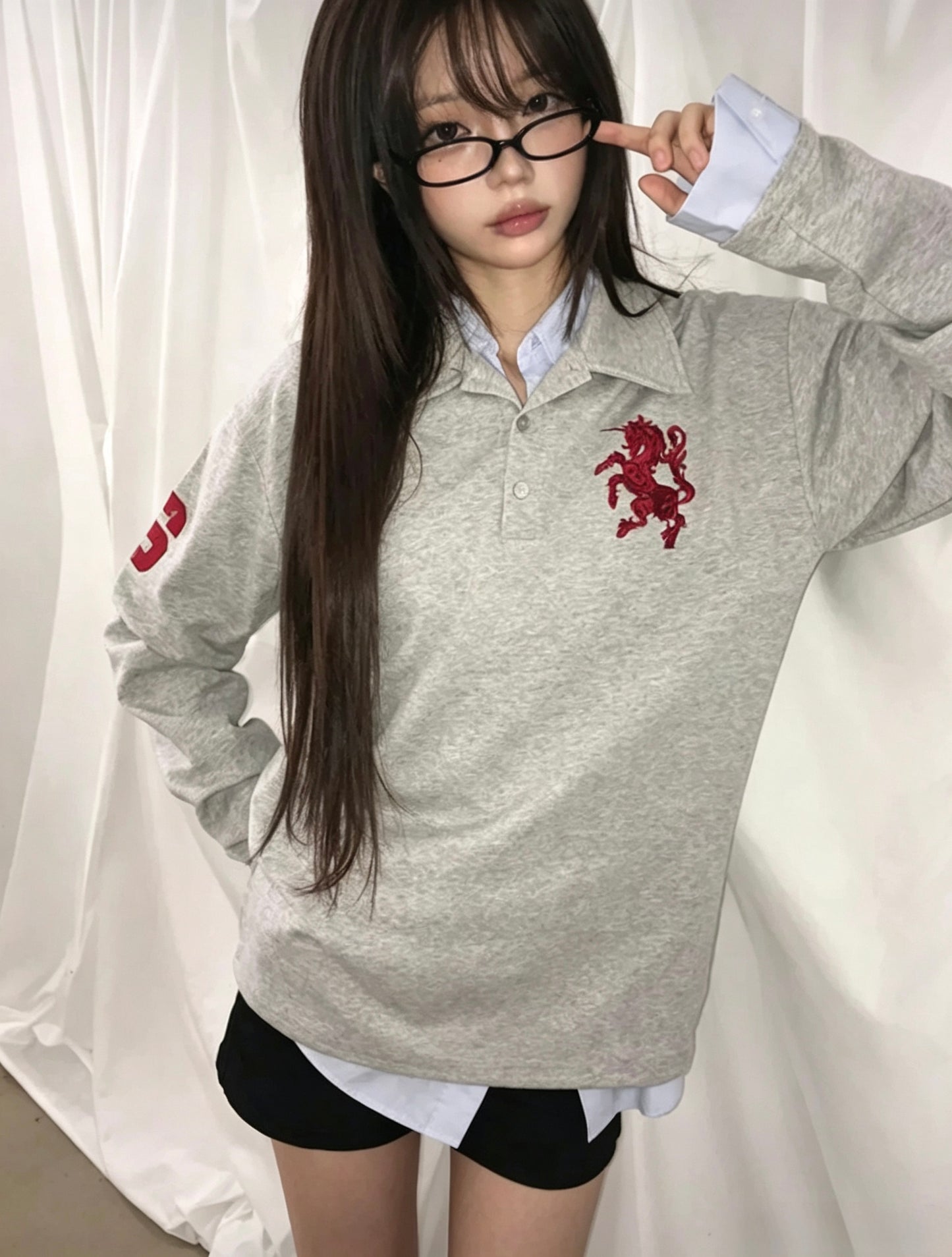 Embroidered Long Sleeve Polo Top