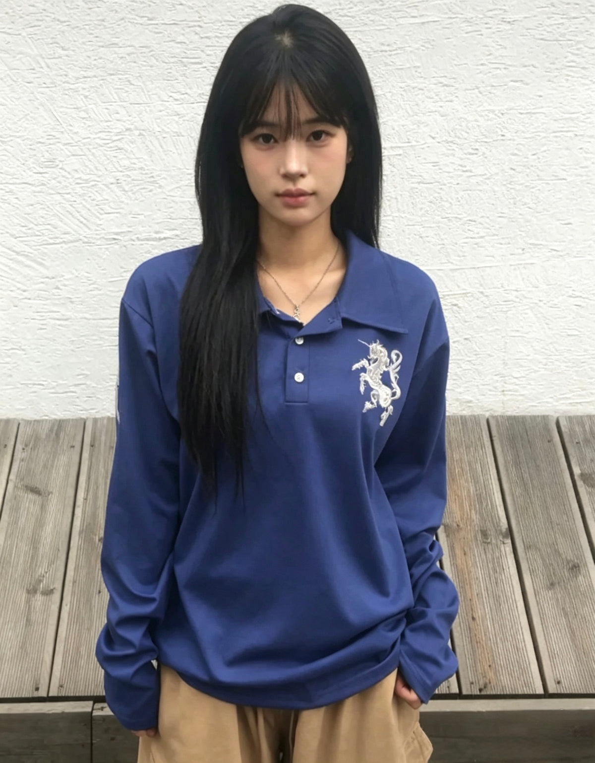 Embroidered Long Sleeve Polo Top