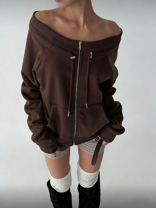 off-shoulder zipper sweatshirt