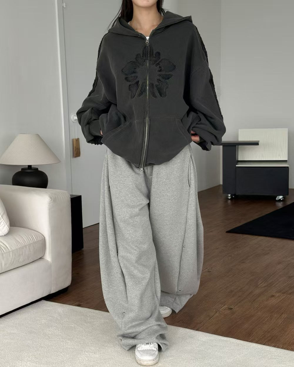 WashedAppliqué Zip-Up Hoodie