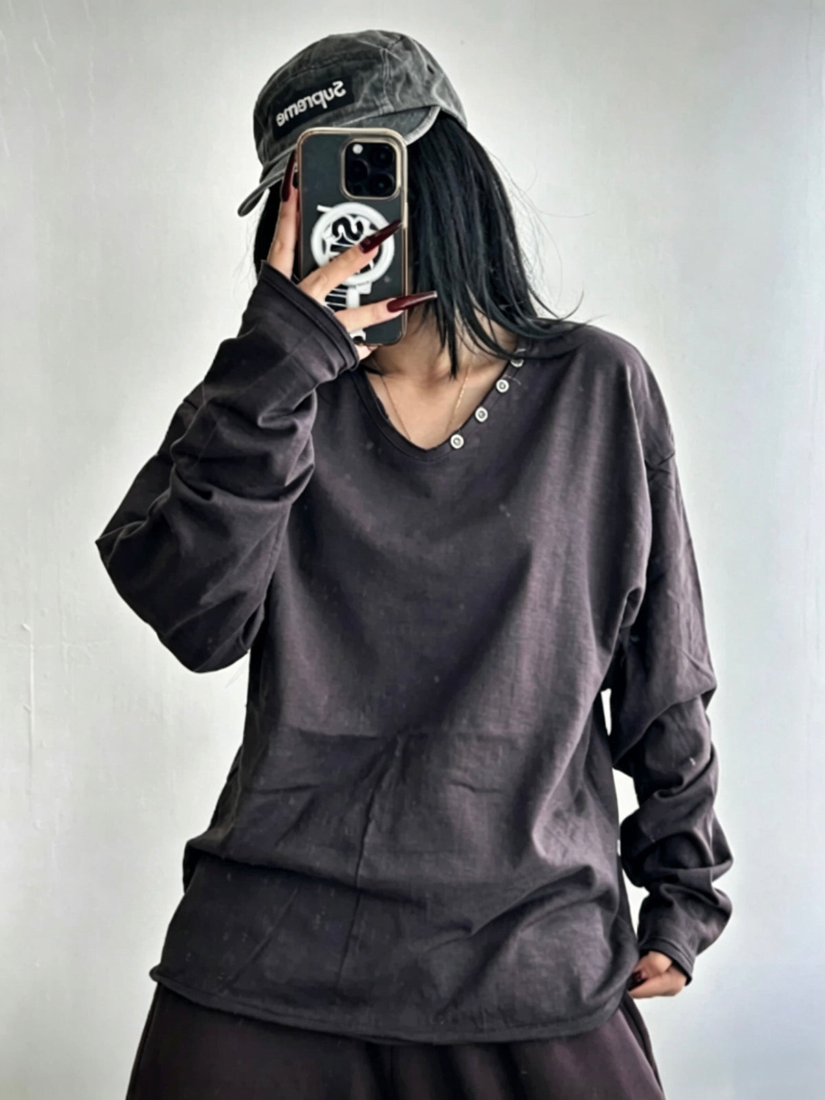 Slant Button Vintage V‑Neck Tee