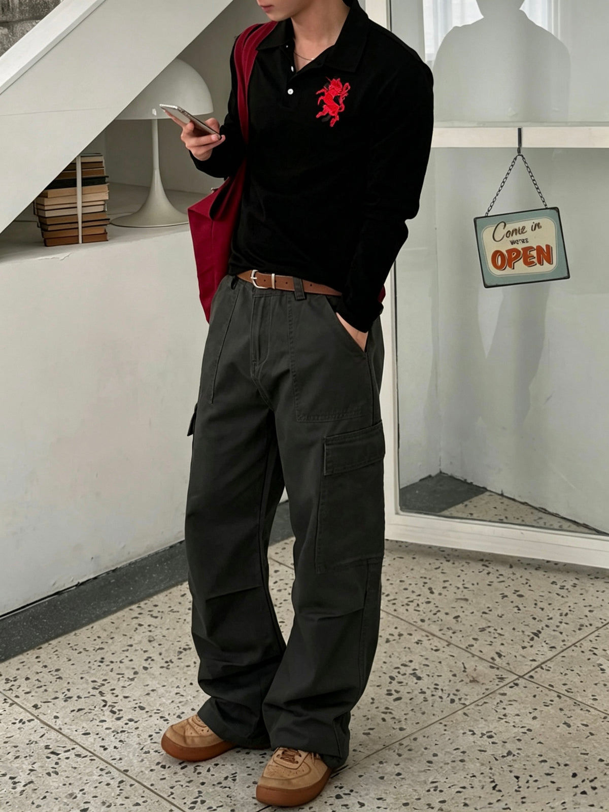 Embroidered Long Sleeve Polo Top