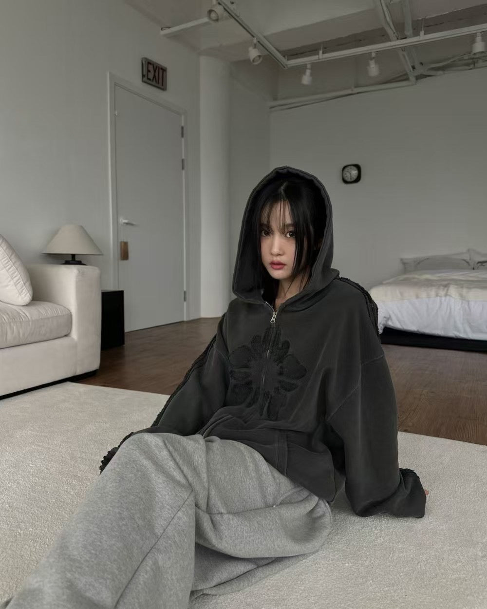 WashedAppliqué Zip-Up Hoodie