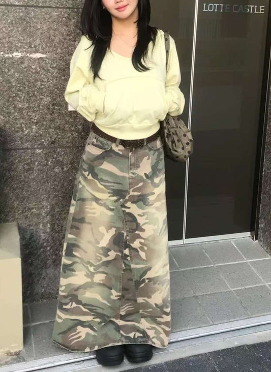 Camouflage long denim skirt