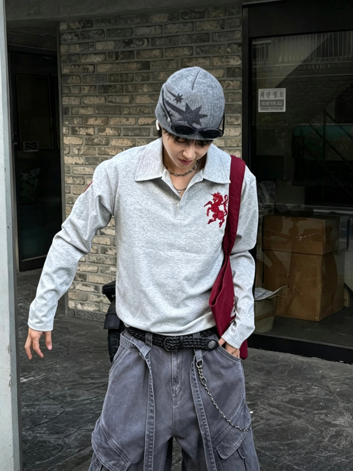 Embroidered Long Sleeve Polo Top