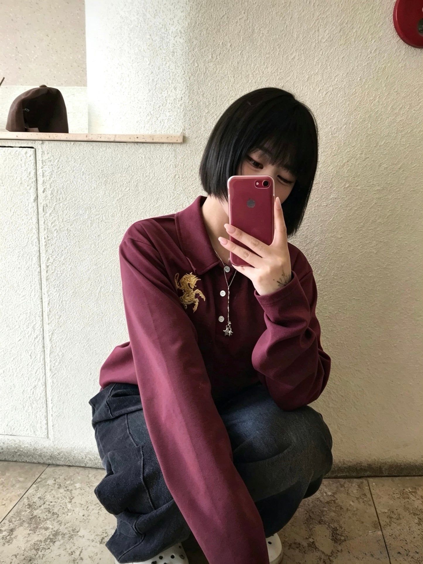 Embroidered Long Sleeve Polo Top