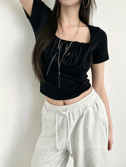 Ruched Tie Front Square Neck Top
