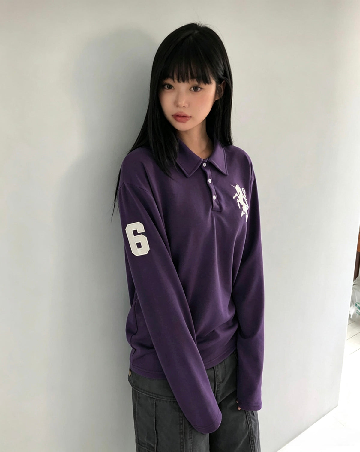 Embroidered Long Sleeve Polo Top