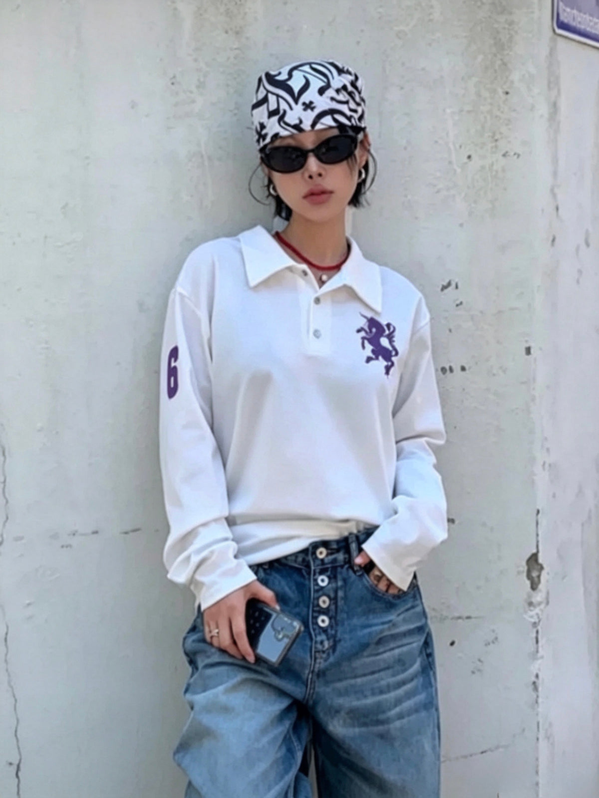 Embroidered Long Sleeve Polo Top