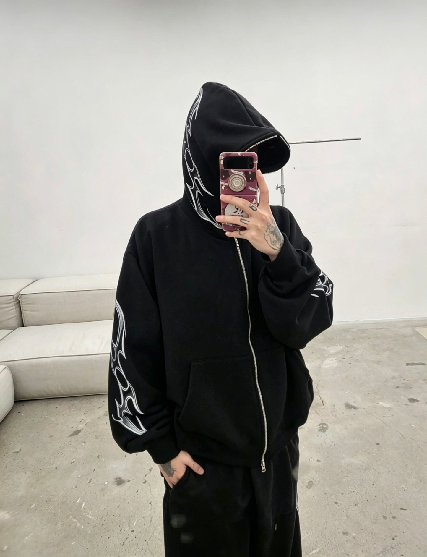 Flame Embroidered Zip Hoodie