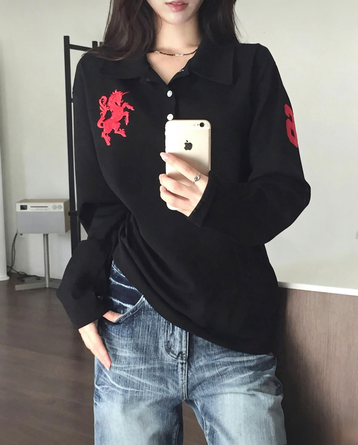 Embroidered Long Sleeve Polo Top