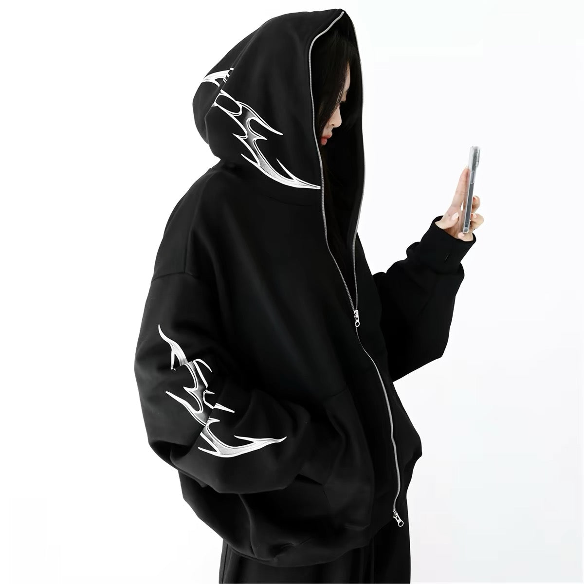 Flame Embroidered Zip Hoodie