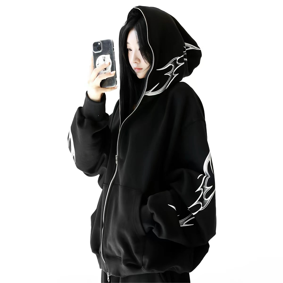 Flame Embroidered Zip Hoodie