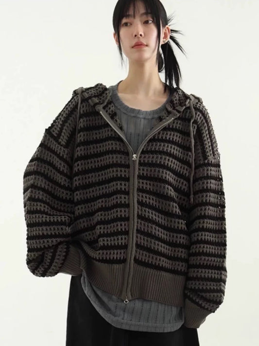 stripe mesh hood zip-up