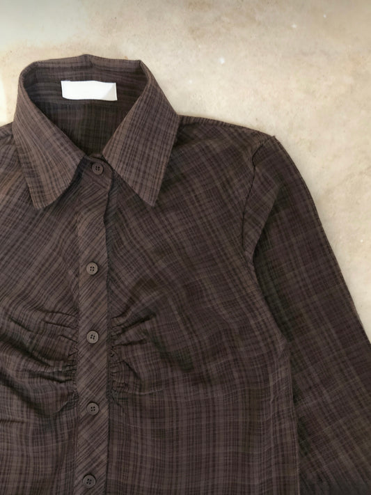 Plaid Pleated Long-Sleeve Shirt