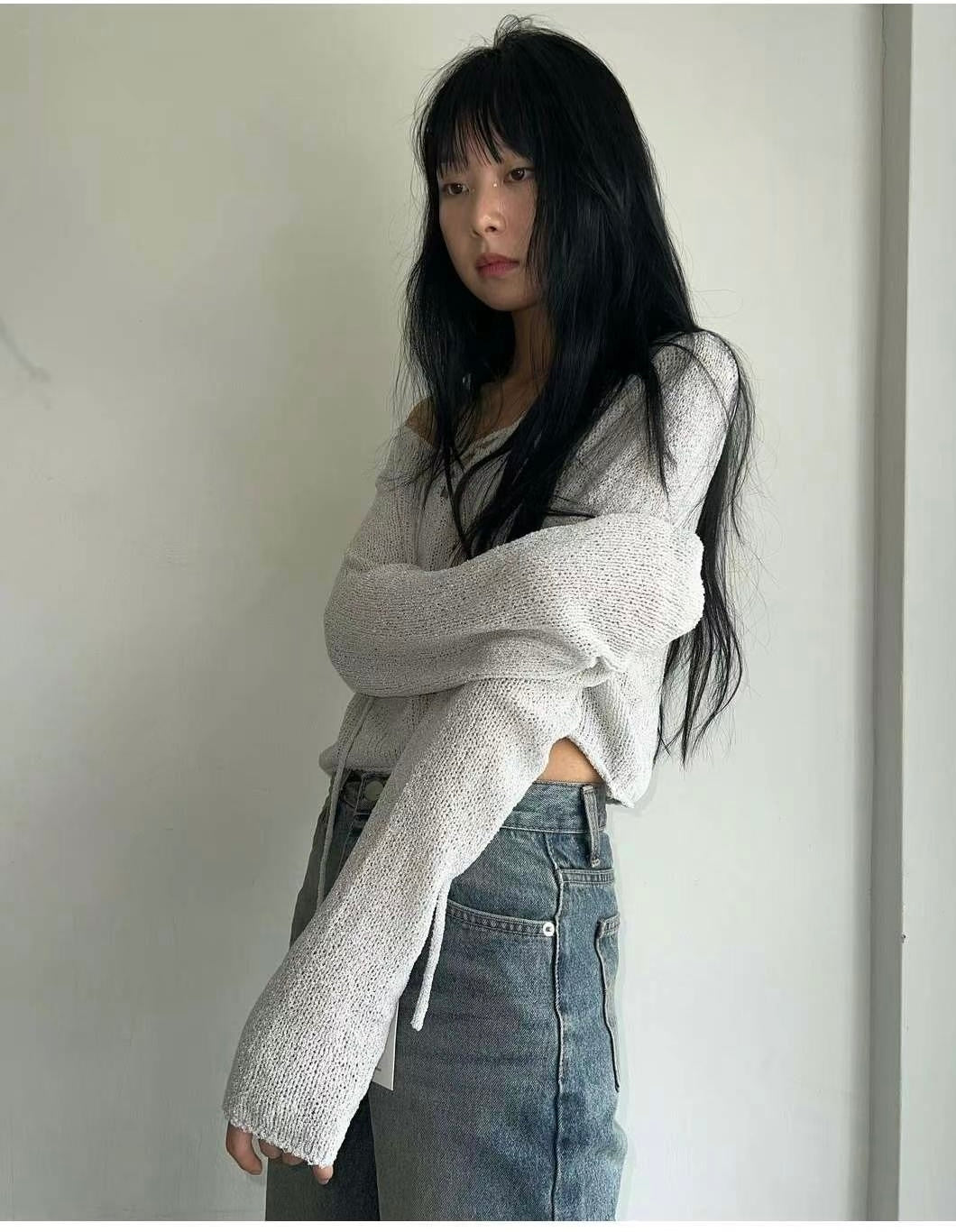 長袖 V 領羊毛圈毛衣
