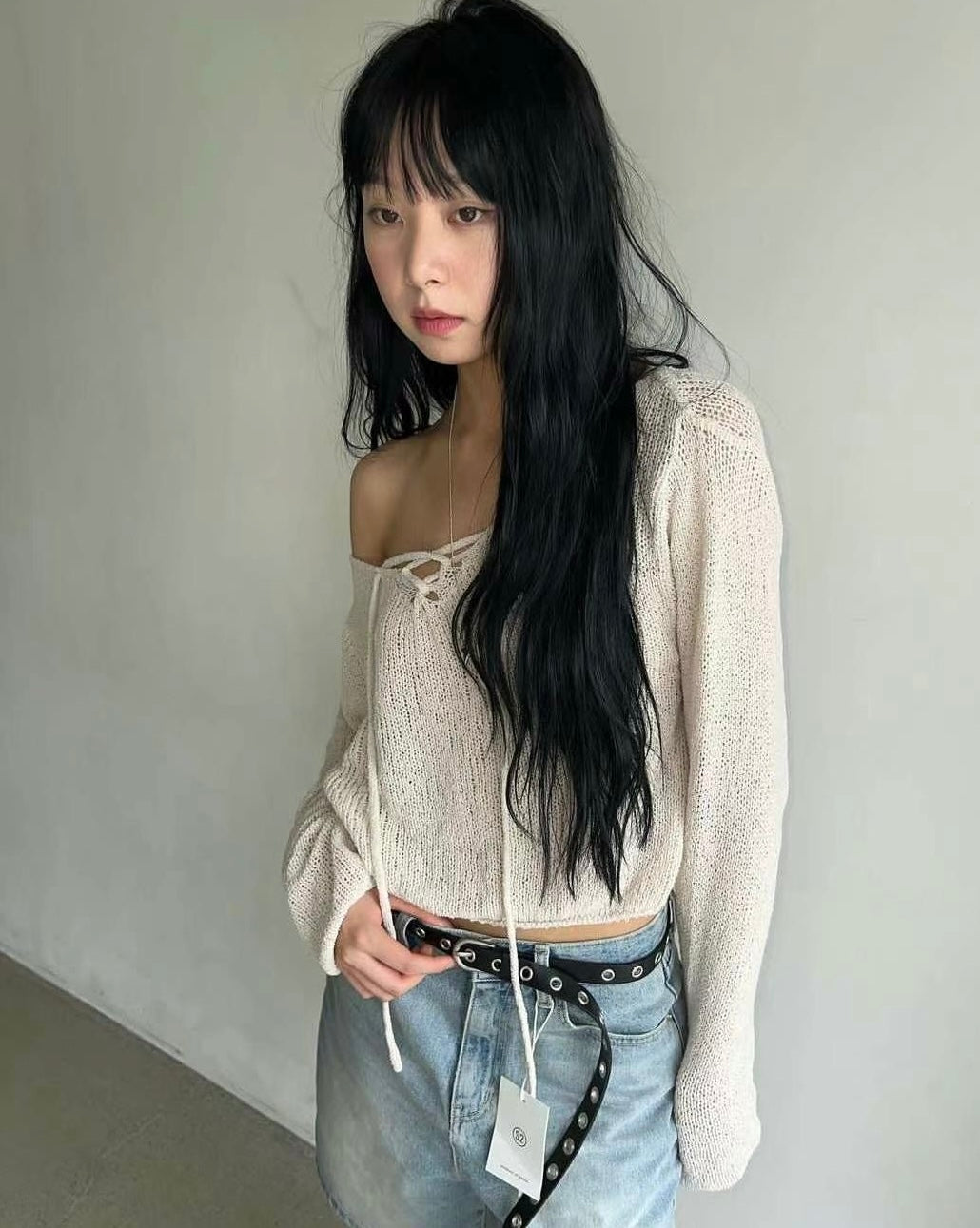 長袖 V 領羊毛圈毛衣