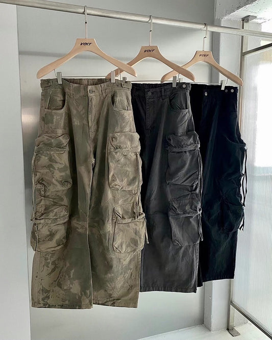 迷彩工裝多口袋復古寬腿褲Unisex