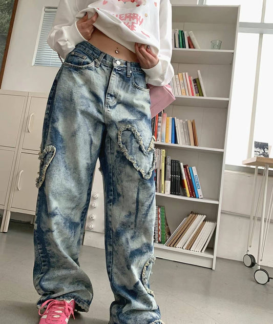 UNISEX 心形刺繡牛仔褲