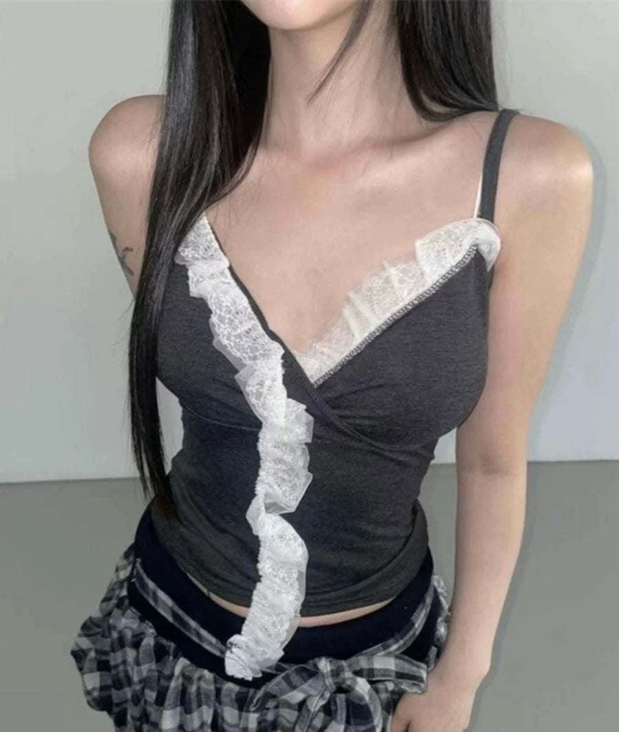 蕾絲V領荷葉邊吊帶背心