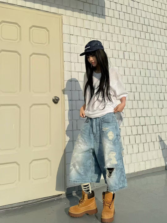 暗迷彩破洞牛仔褲