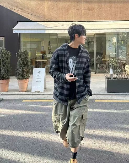 條紋連帽拉鍊外套