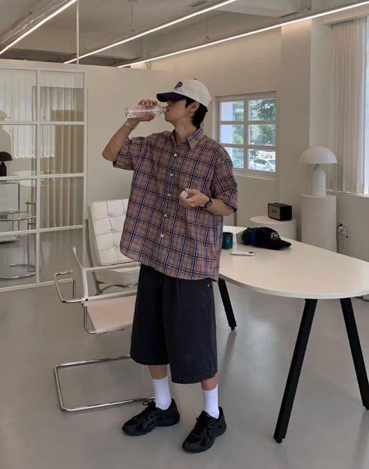 格紋短袖襯衫