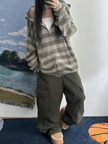 條紋連帽拉鍊外套