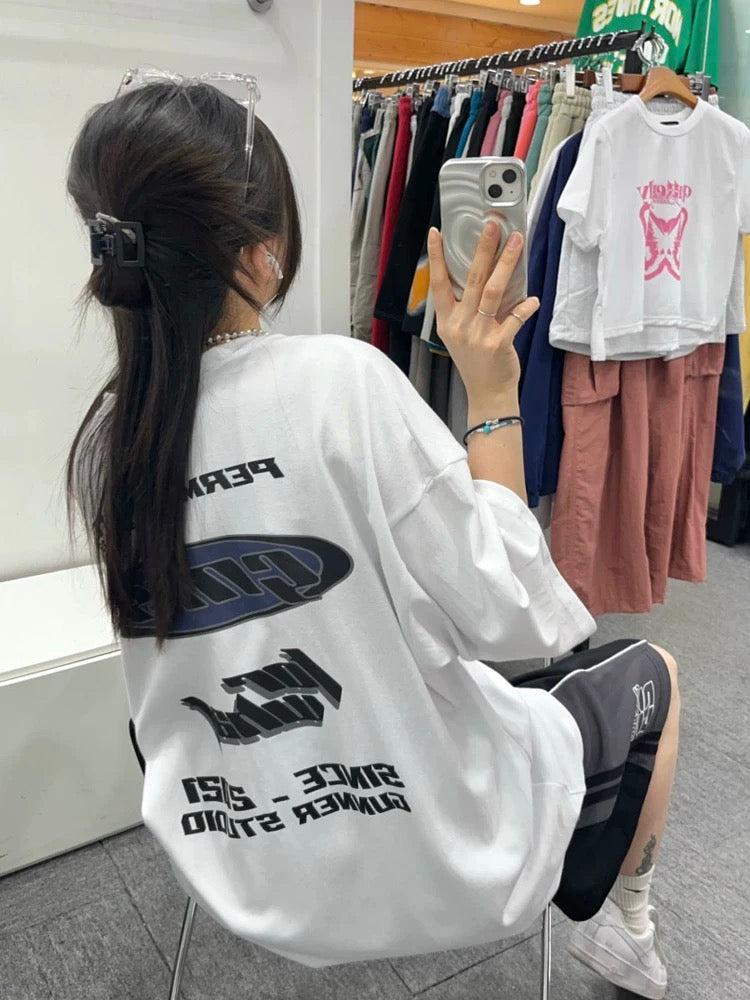 前後字母印花OVERSIZE T恤