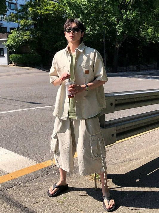 做舊水洗工裝綁帶休閒短褲