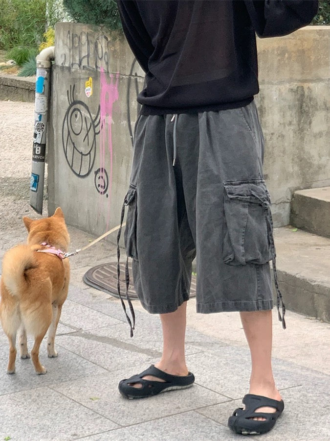 做舊水洗工裝綁帶休閒短褲