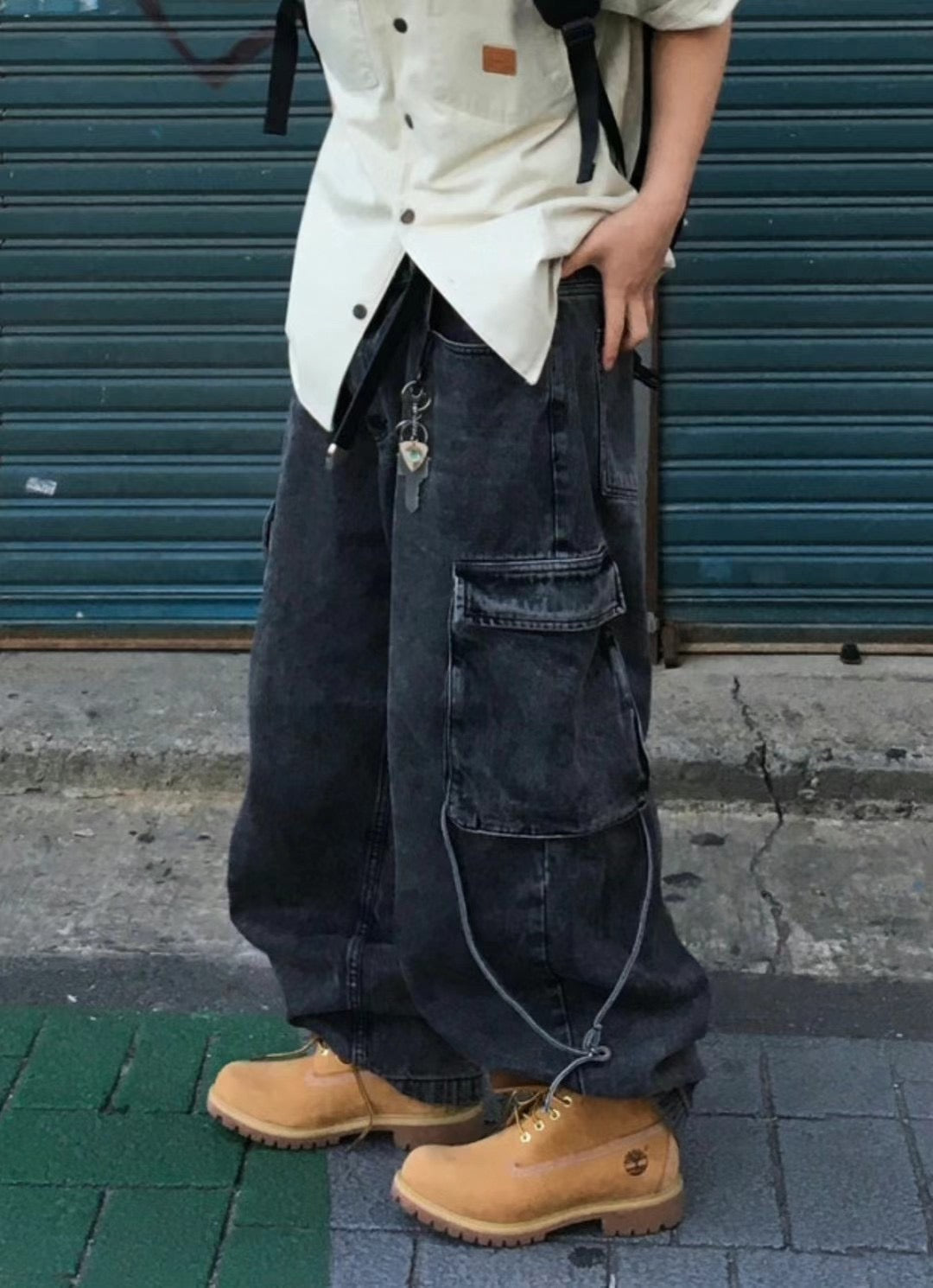 寬肩帶工裝牛仔褲