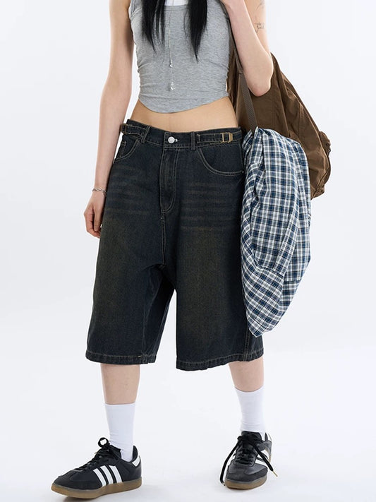 Vintage Washed Loose Button Short Jeans