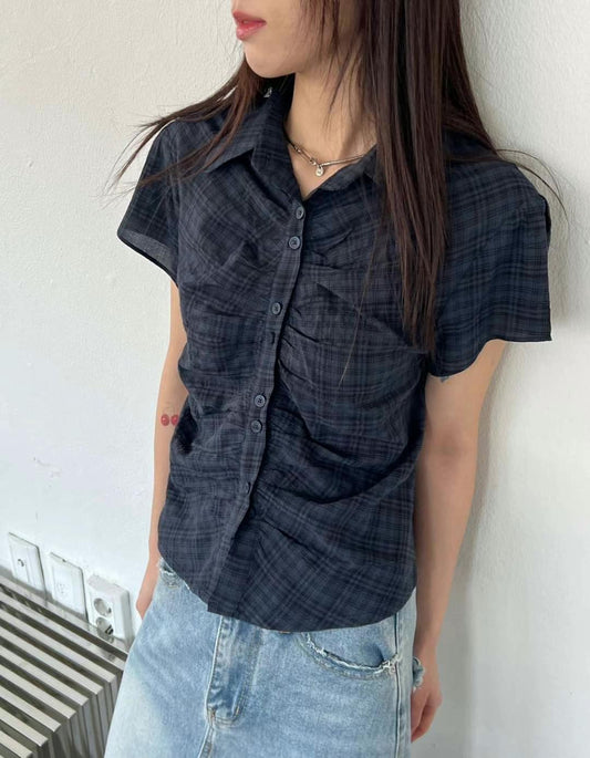 縮褶格仔短袖襯衫