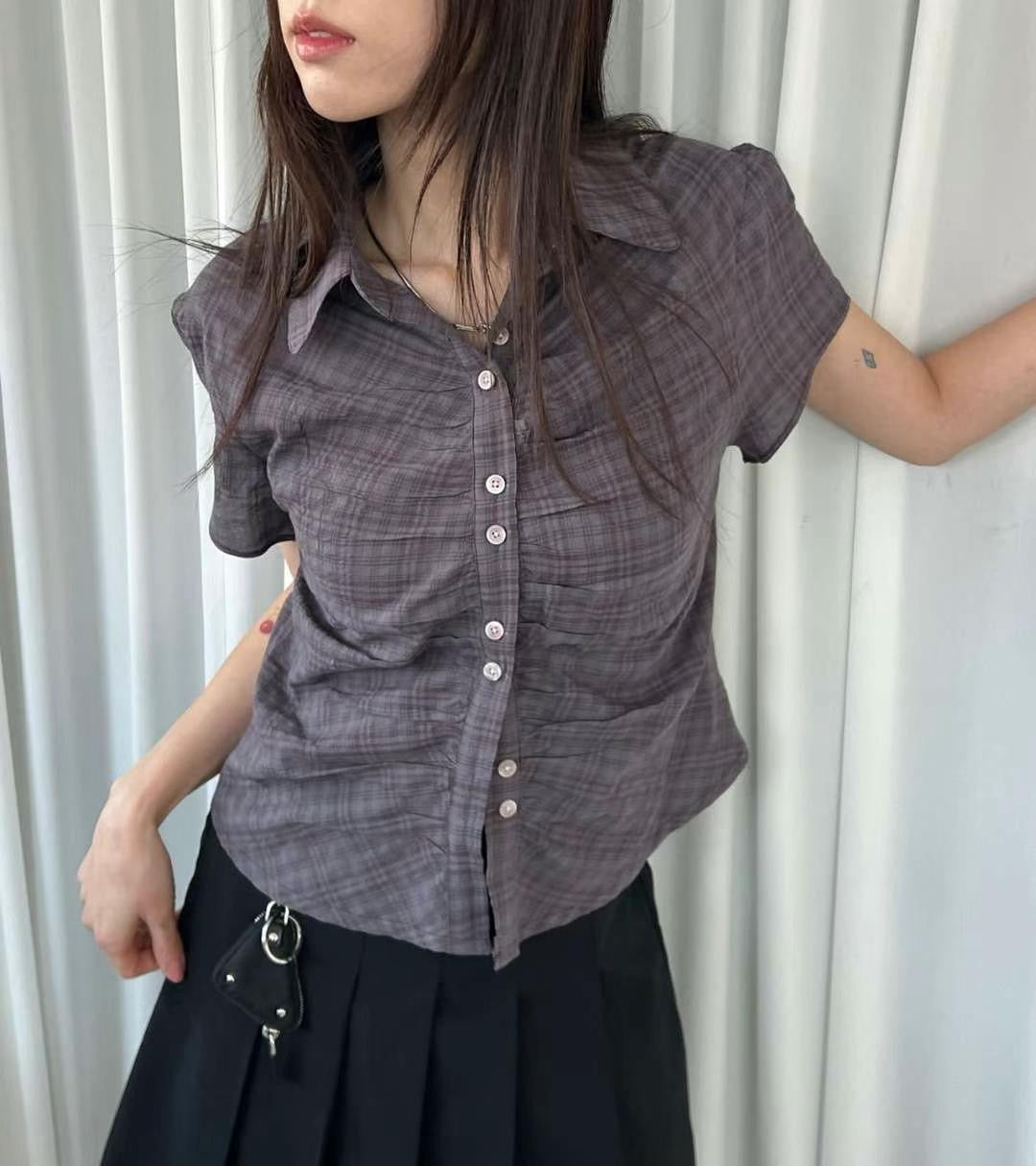 縮褶格仔短袖襯衫
