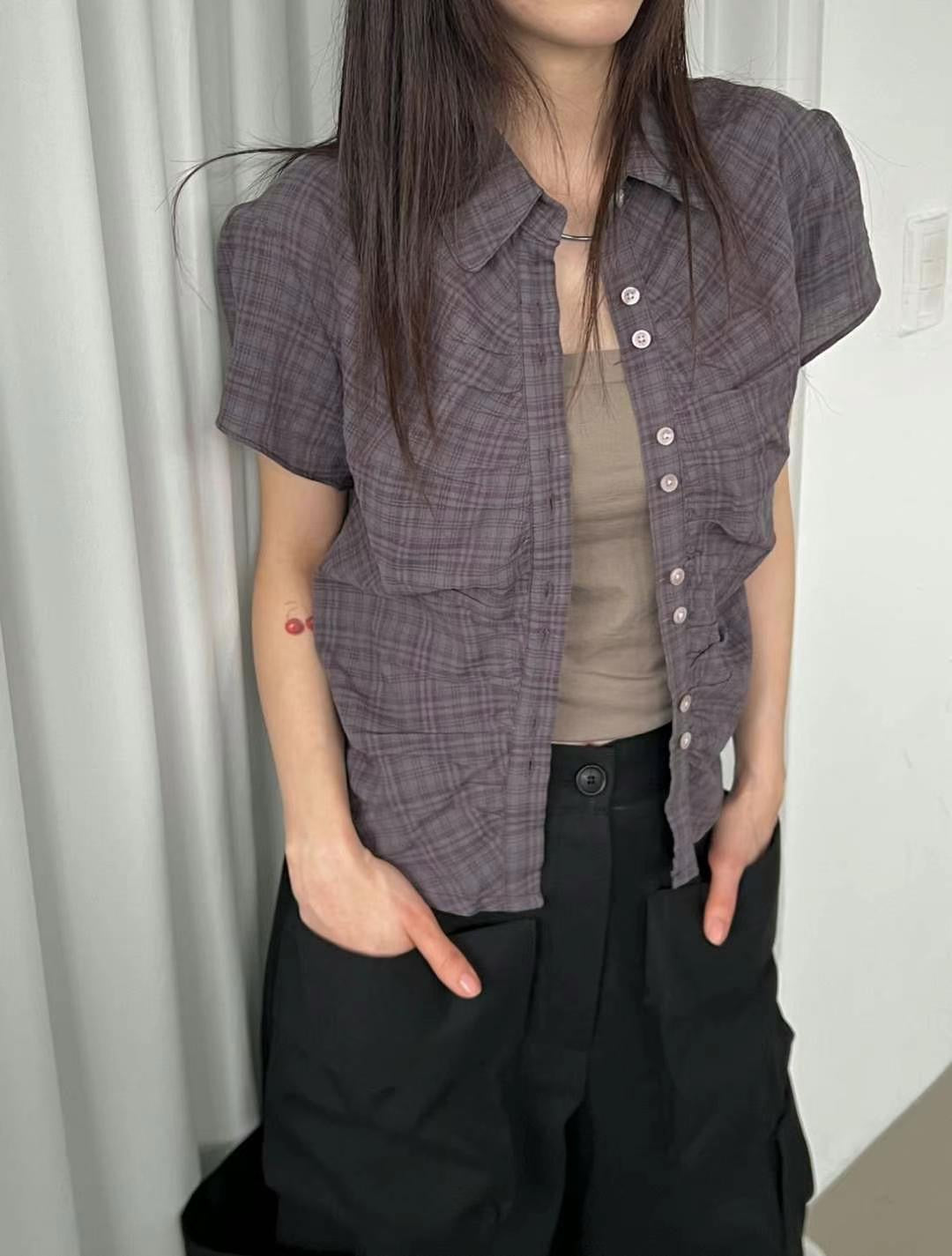 縮褶格仔短袖襯衫