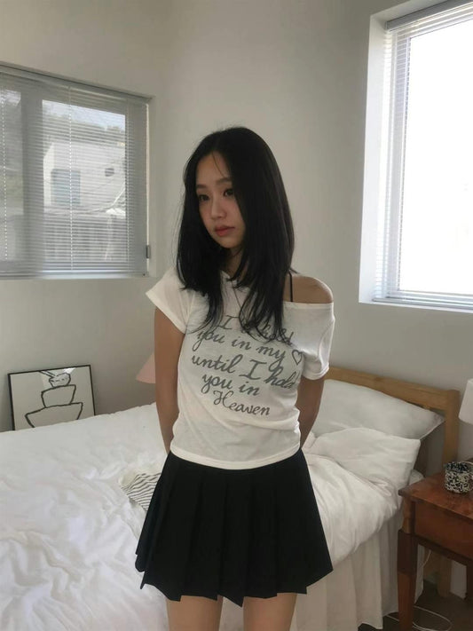 Round neck letter heart print short T-shirt
