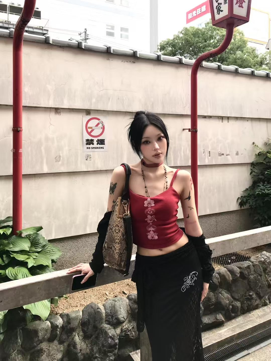 墨染印花彈力緊身吊帶
