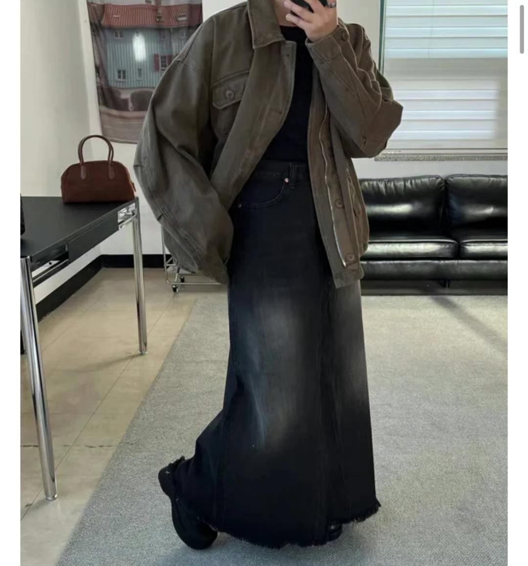 Sandy-Washed Distressed Fringe Denim Maxi Skirt