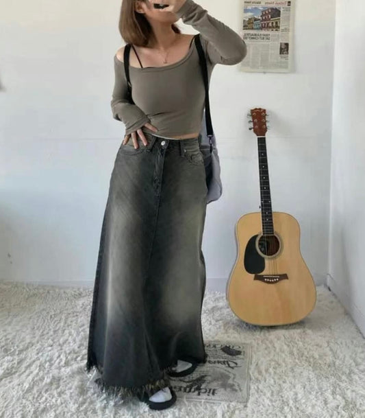rinsed wash denim long skirt