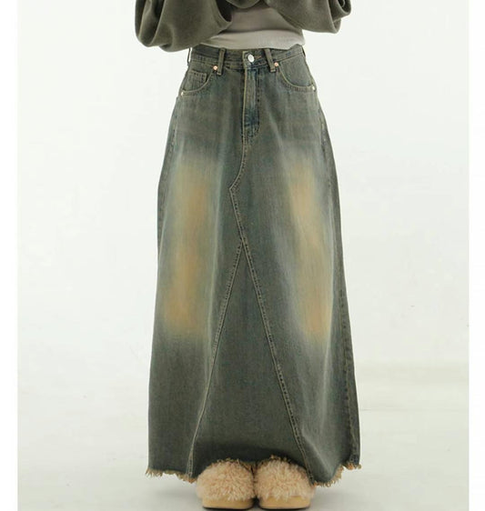 Sandy-Washed Distressed Fringe Denim Maxi Skirt