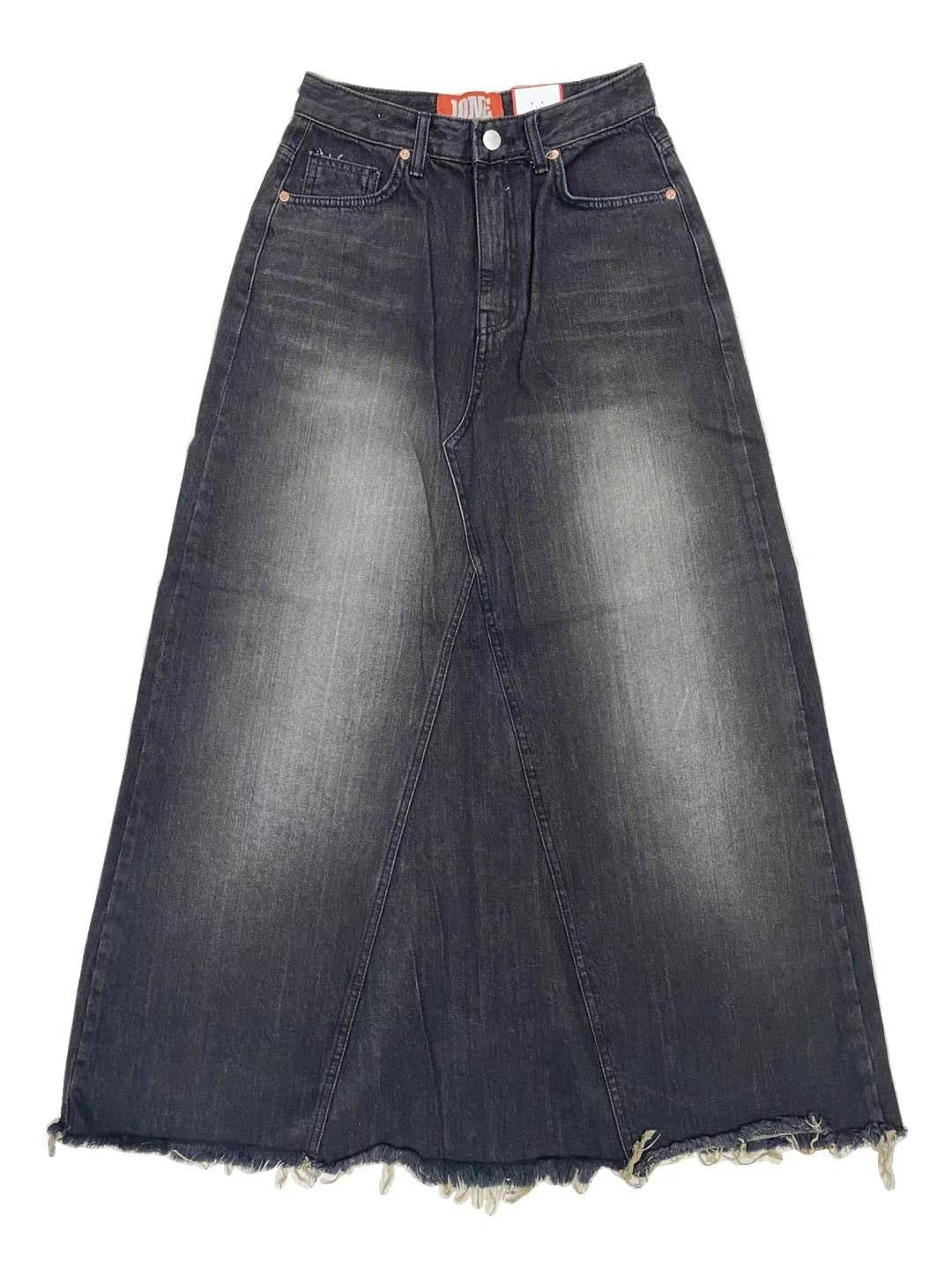 Sandy-Washed Distressed Fringe Denim Maxi Skirt
