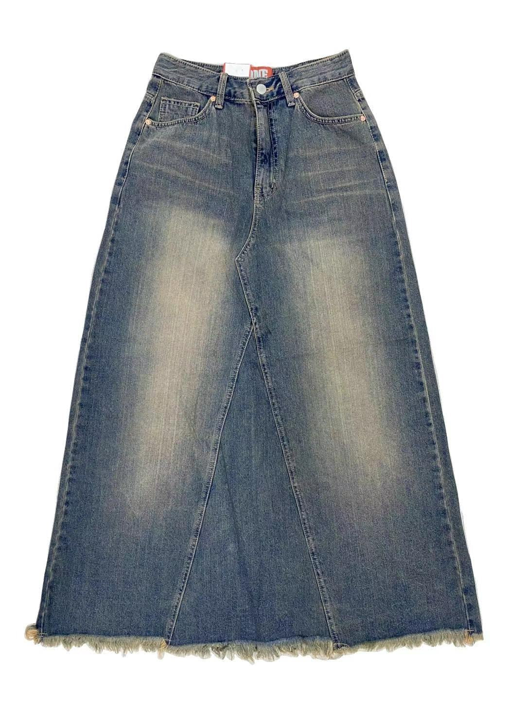 Sandy-Washed Distressed Fringe Denim Maxi Skirt
