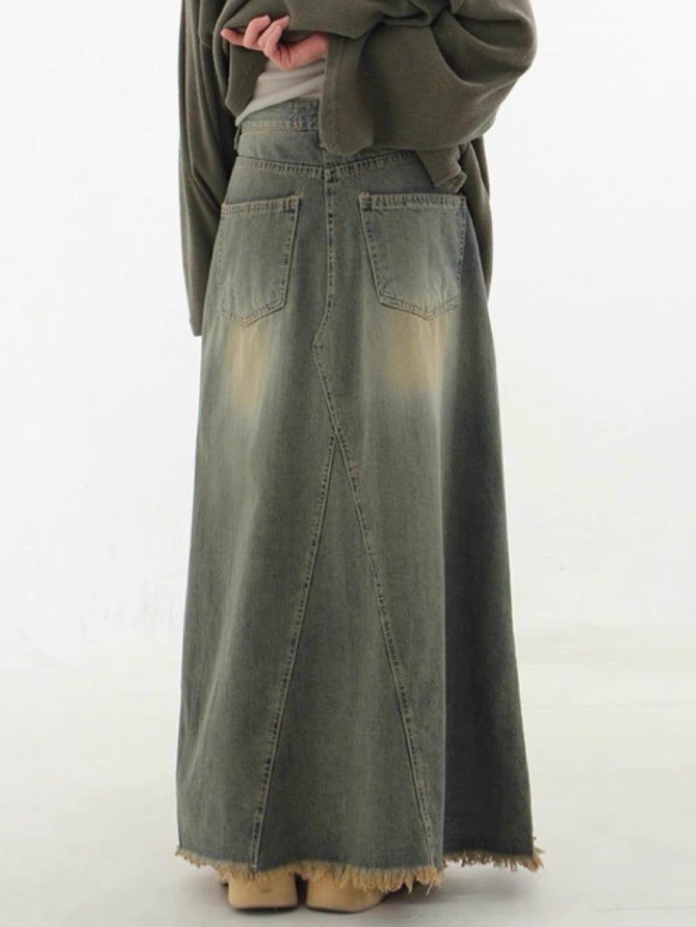 Sandy-Washed Distressed Fringe Denim Maxi Skirt